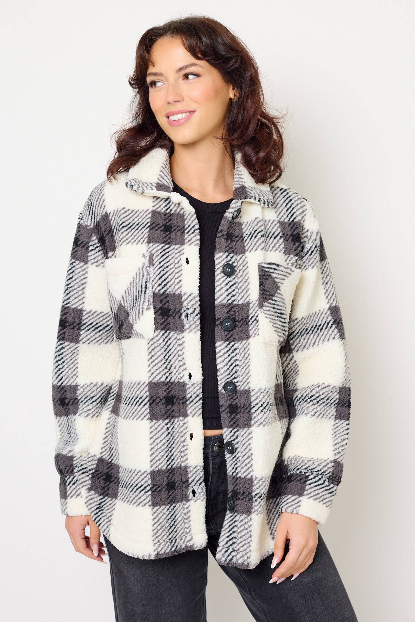 Brielle Plaid Sherpa Shacket with Shirttail Hem