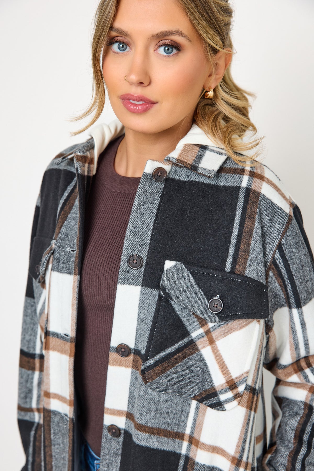 Gillian Brushed Plaid Shacket With Removable Hood