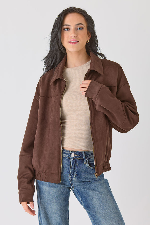 Oversized Faux Suede Bomber Jacket