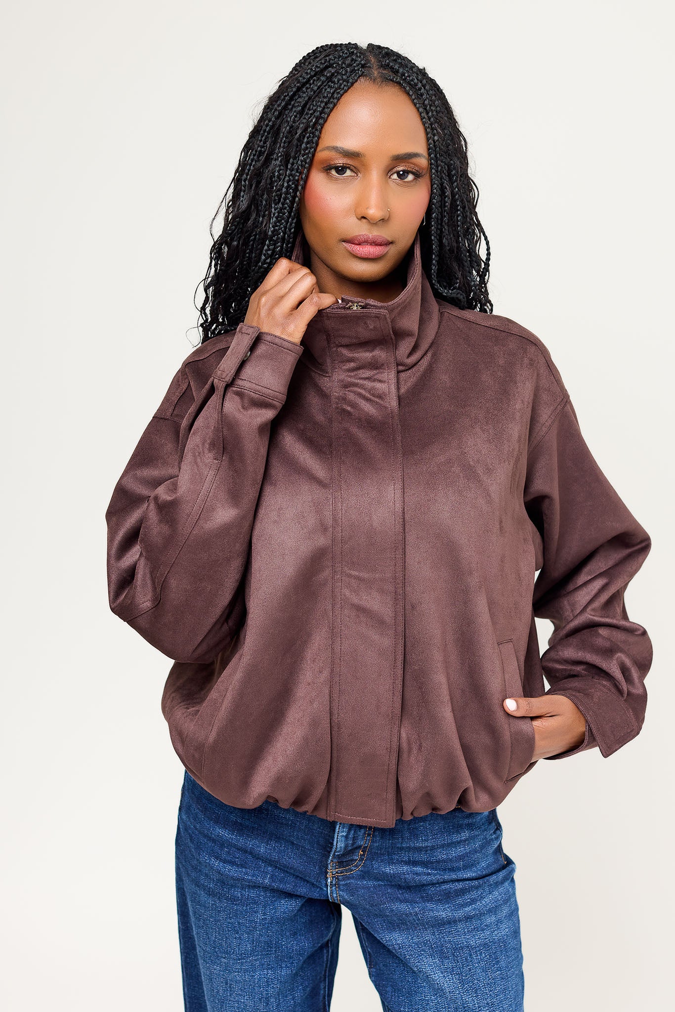 Vegan Suede Funnel Neck Bomber