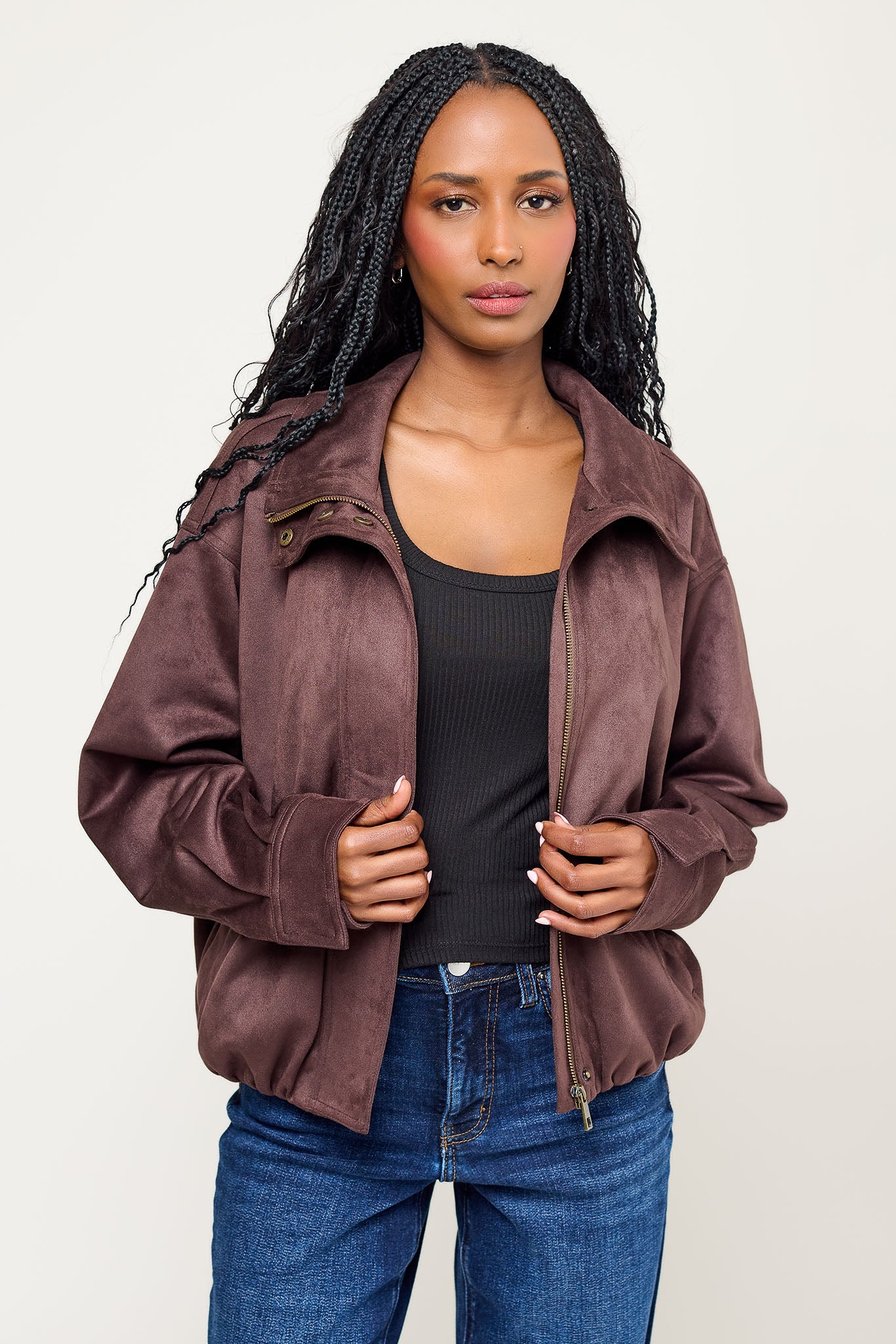 Vegan Suede Funnel Neck Bomber