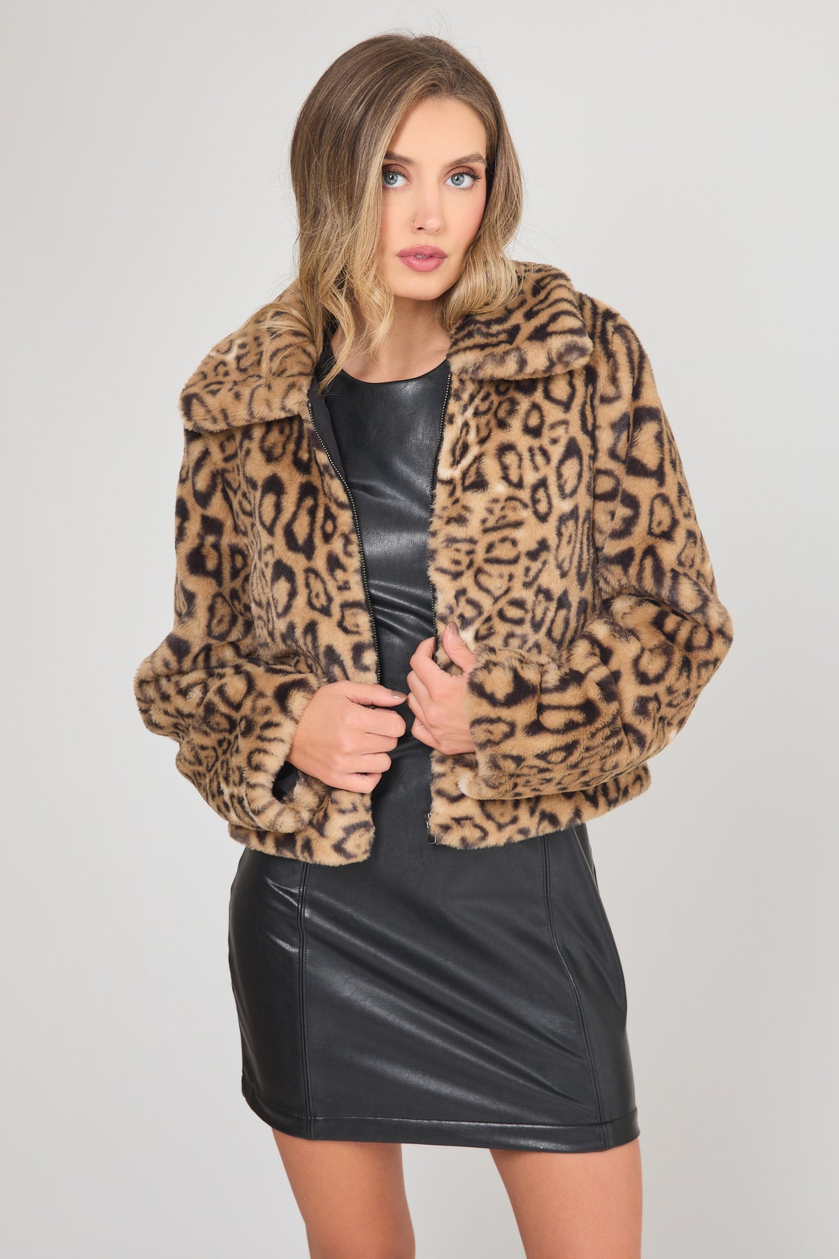 Leopard Faux Fur Zip-Up Jacket