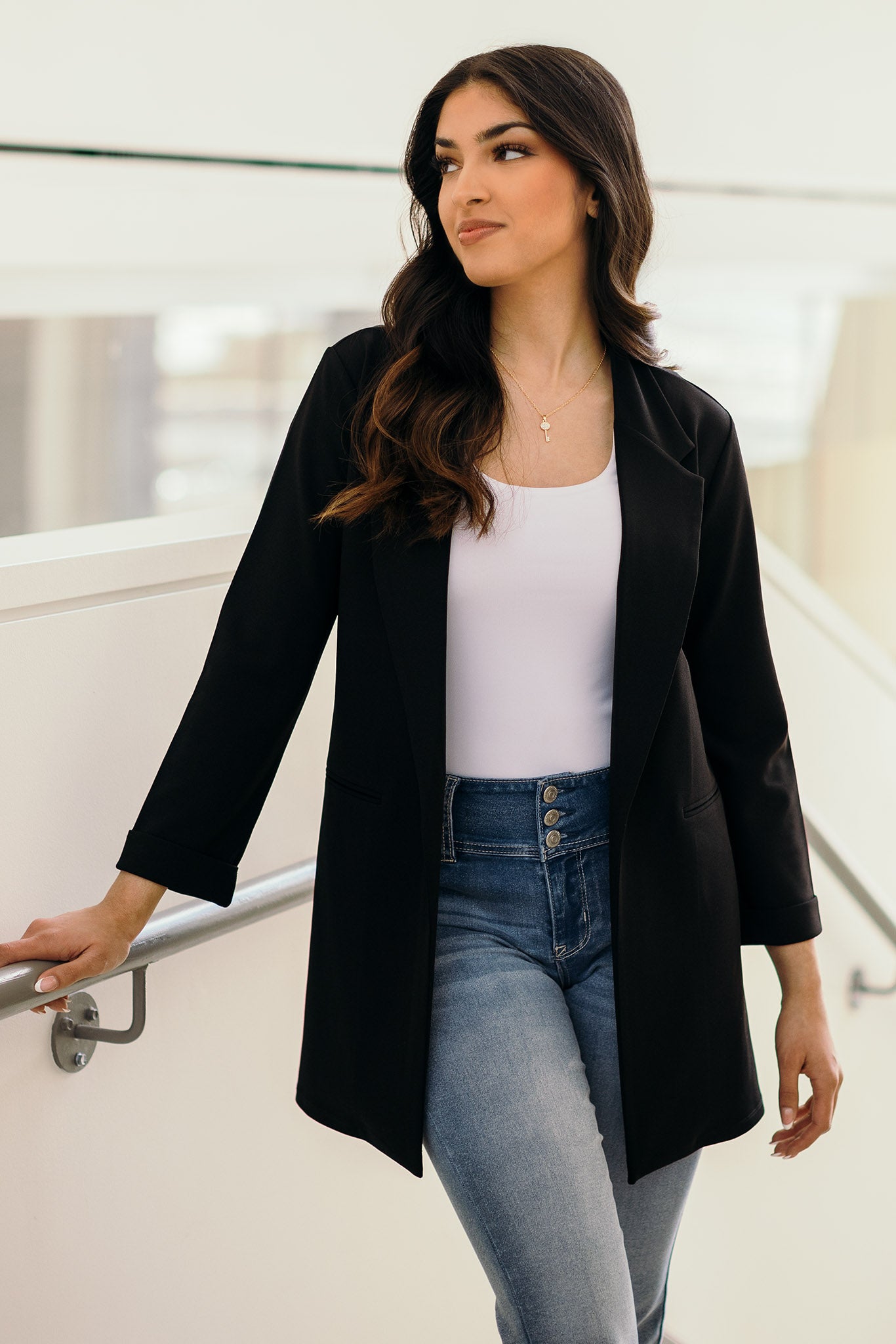 Stretch Crepe Blazer with Ruched Sleeves