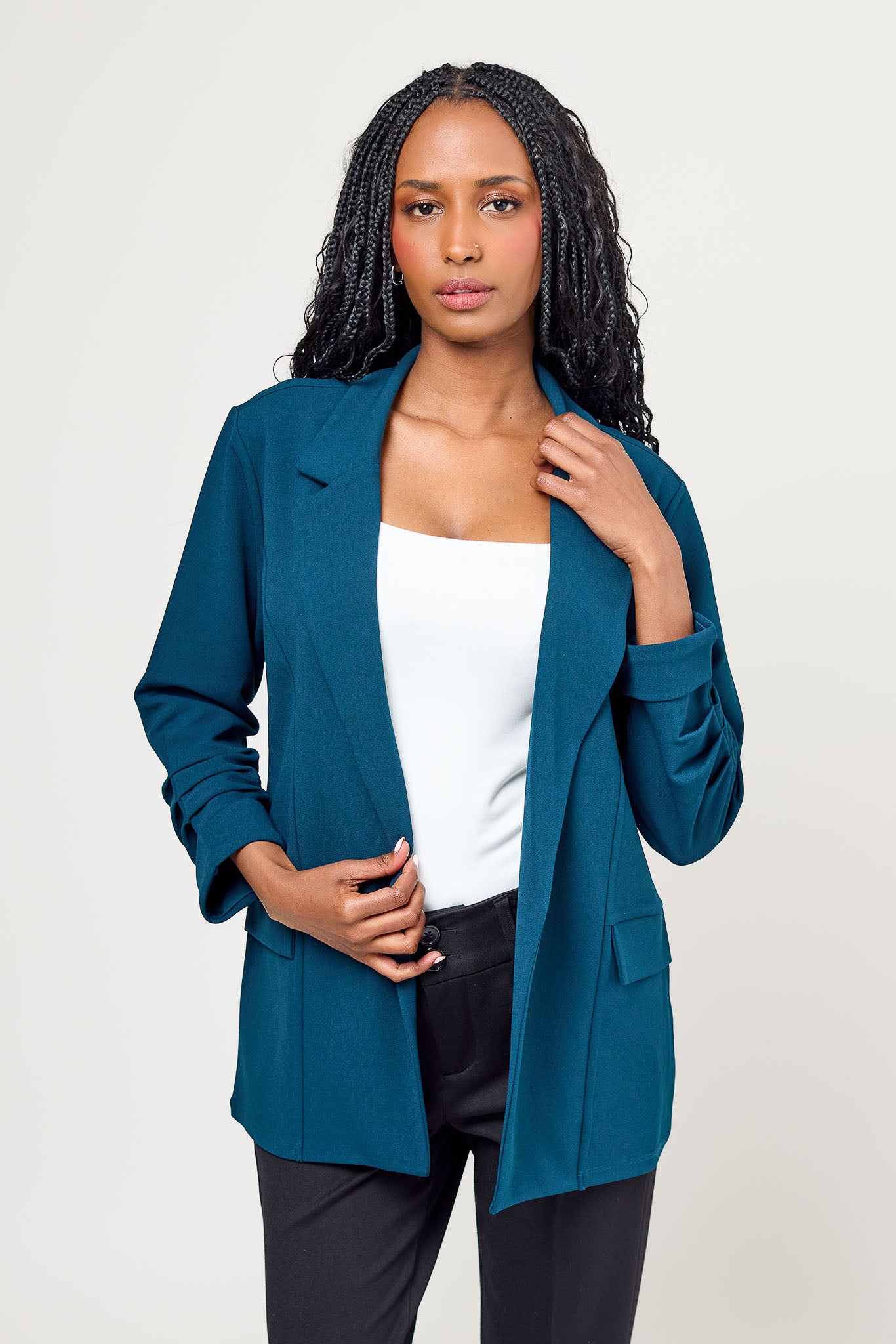Stretch Crepe Blazer with Ruched Sleeves