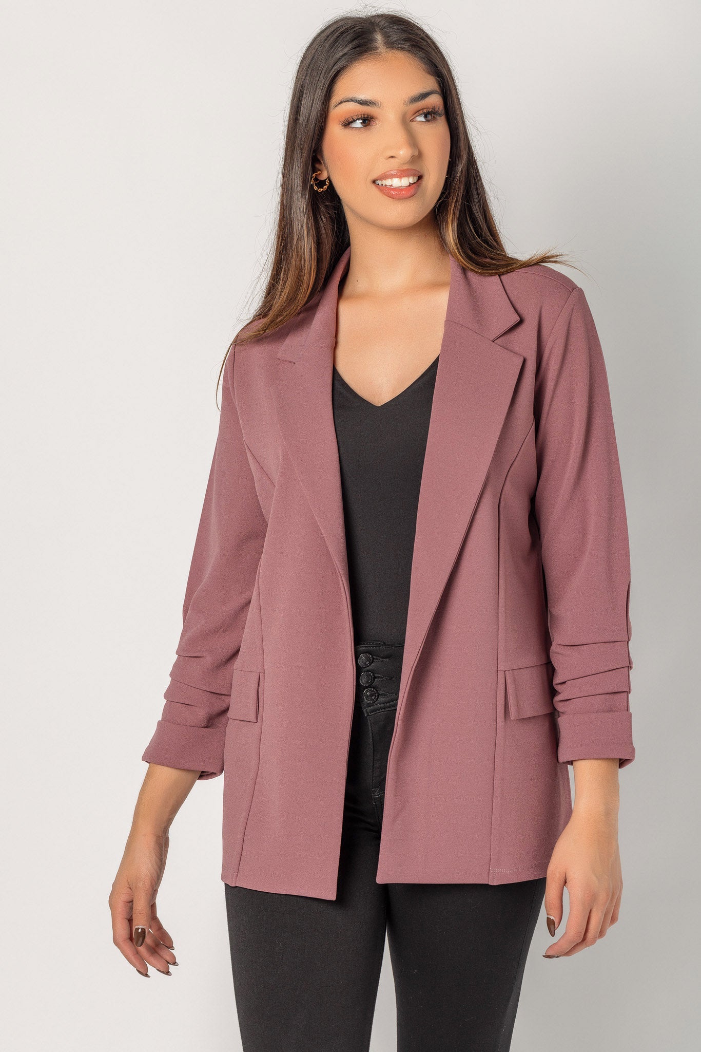 Scuba Crepe Blazer with Ruched Sleeves