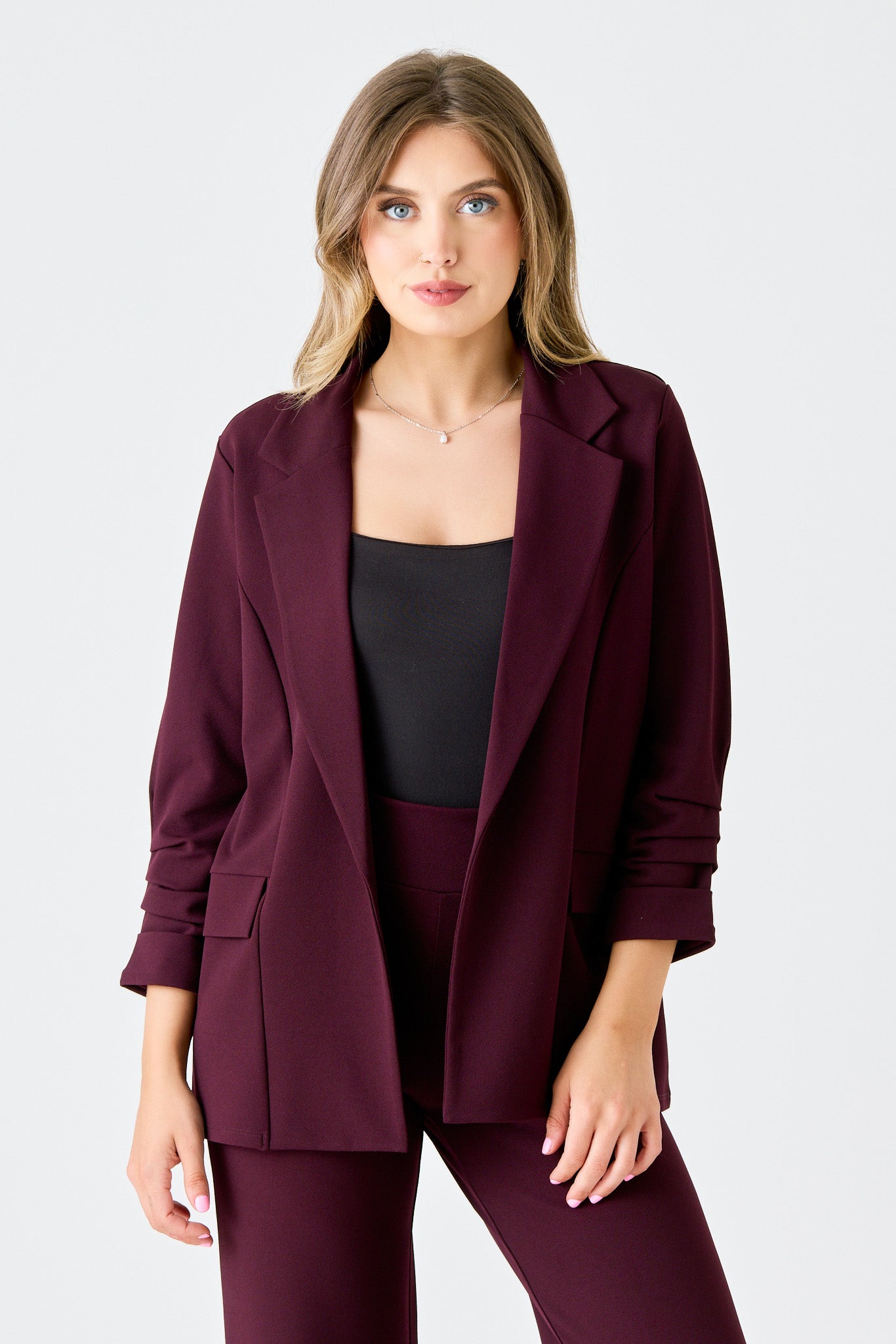 Stretch Crepe Blazer with Ruched Sleeves