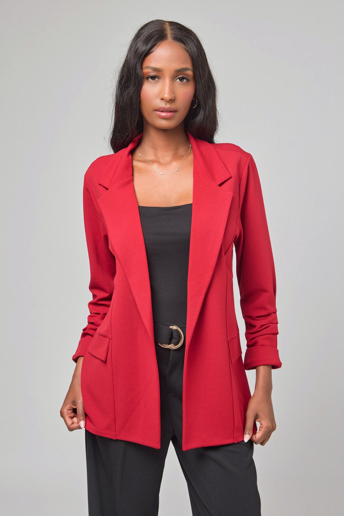 Stretch Crepe Blazer with Ruched Sleeves