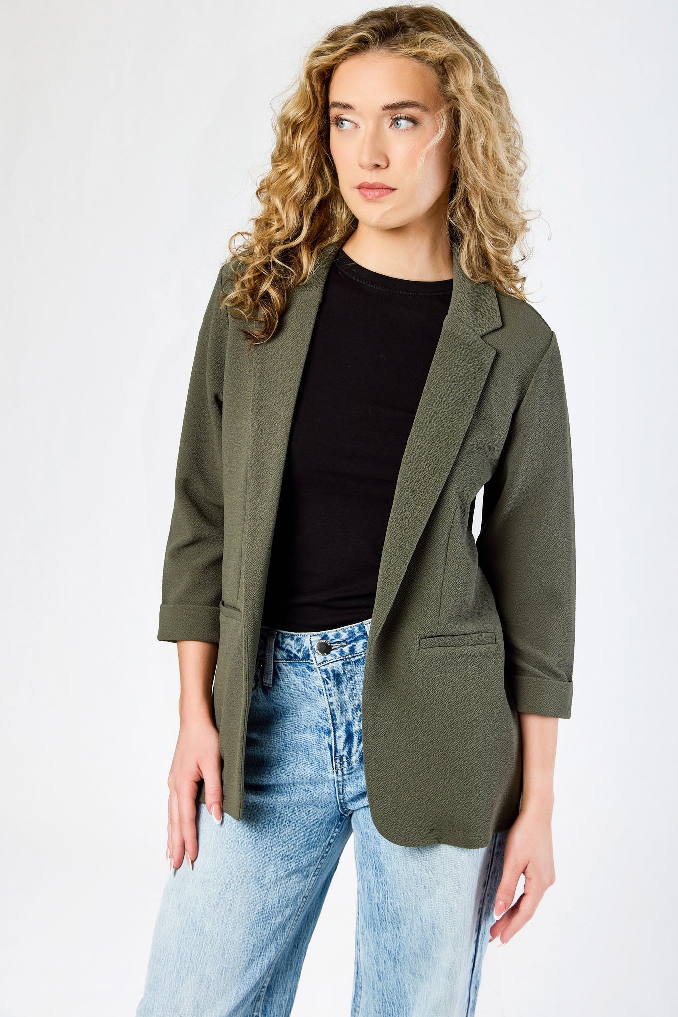 Stretch Crepe Blazer with Ruched Sleeves