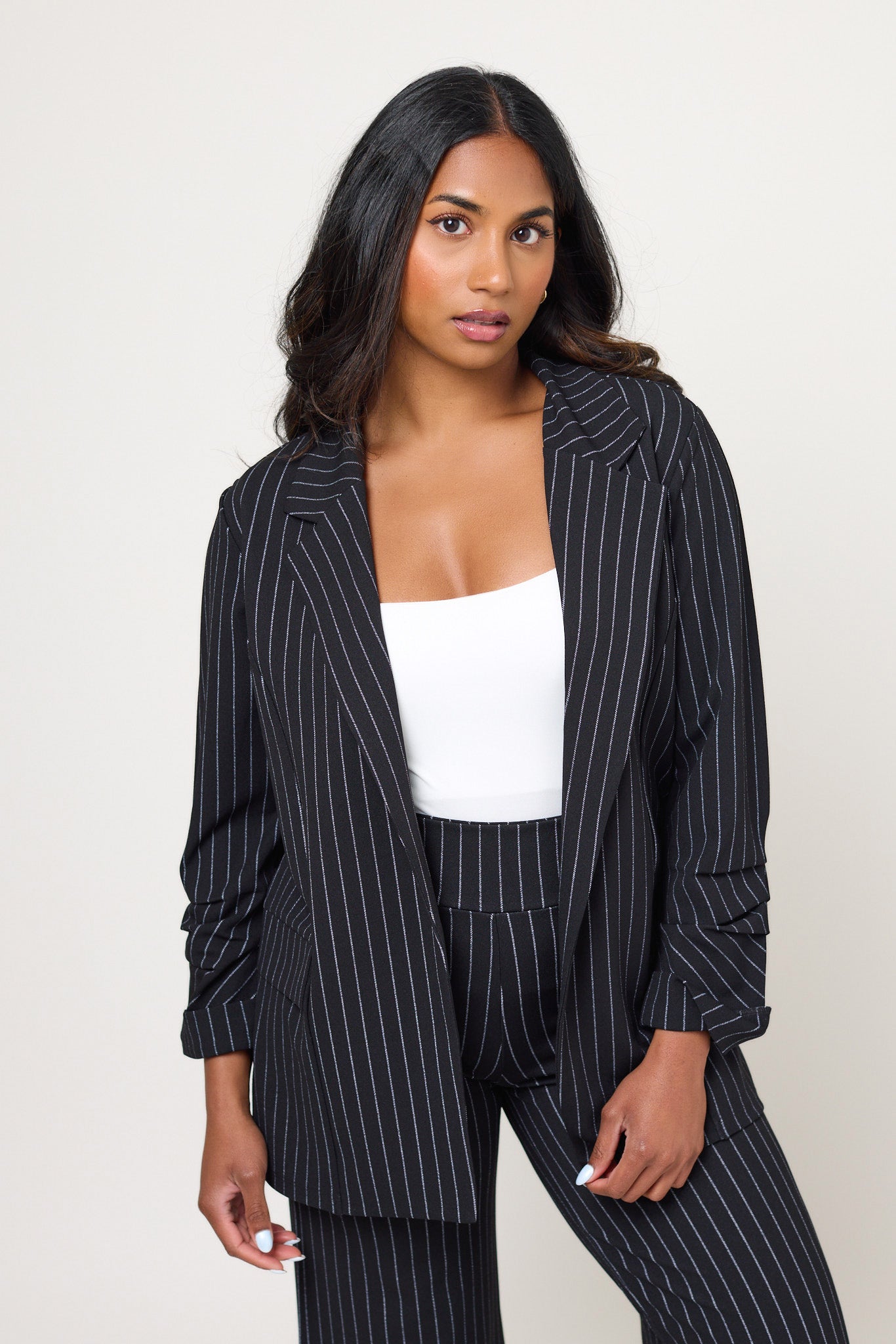 Pinstripe Stretch Crepe Blazer with Rushed Sleeves