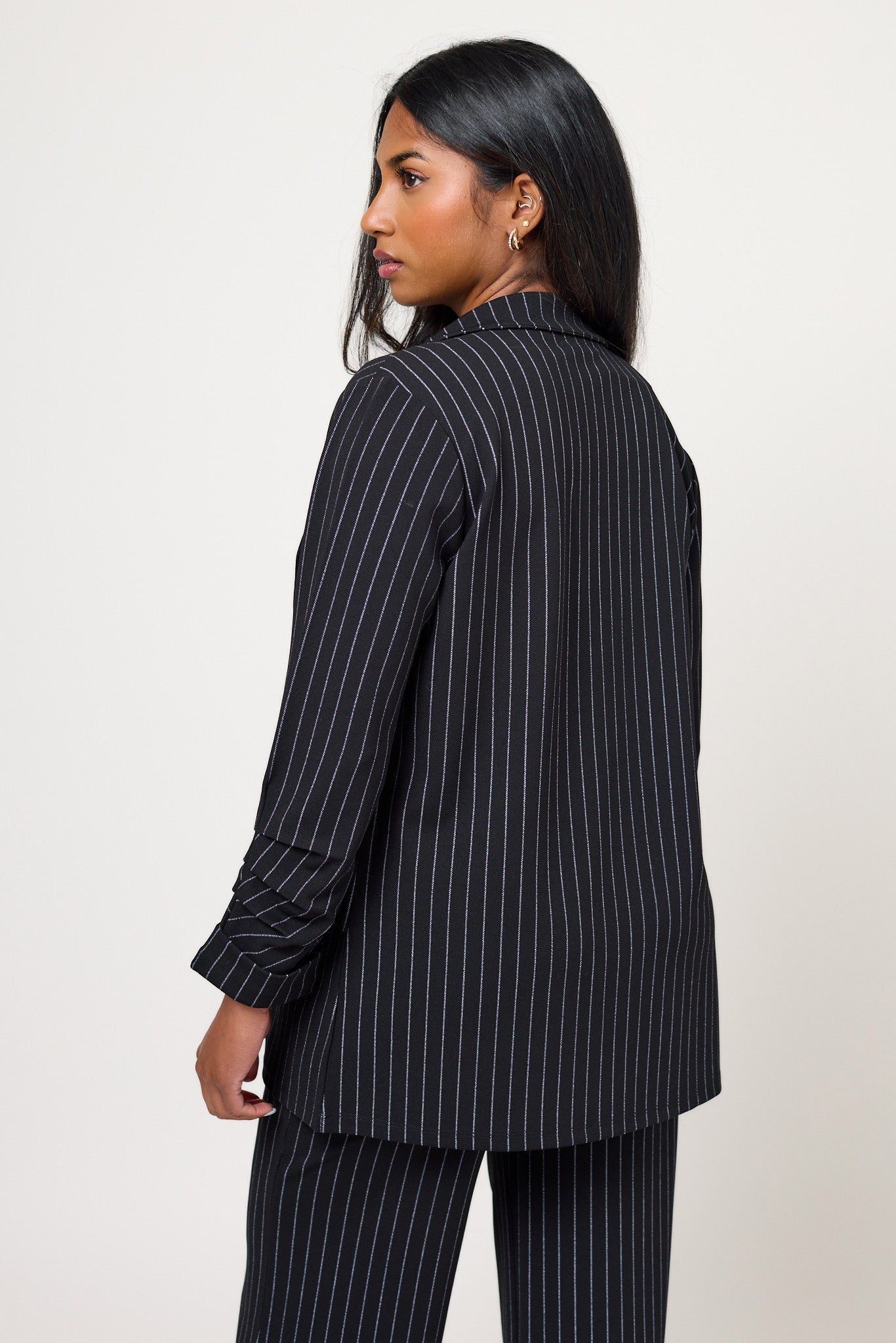 Pinstripe Stretch Crepe Blazer with Rushed Sleeves