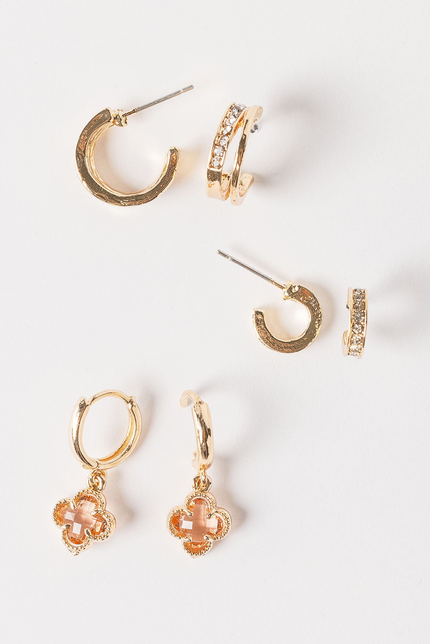Clover and Rhinestone Huggie Earring Set
