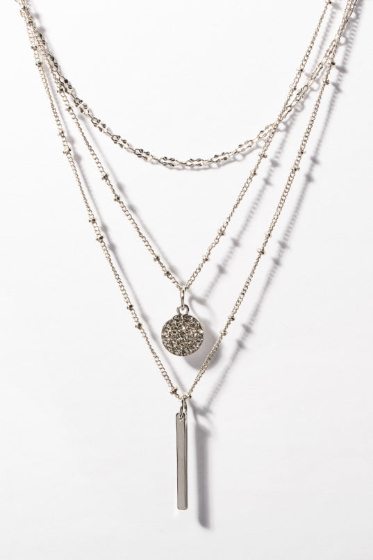 Triple Layer Necklace with Bar and Rhinestone Circle