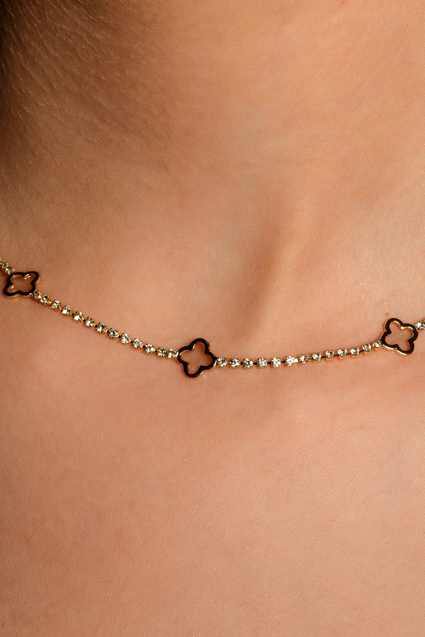 Rhinestone Necklace with Mini Clovers