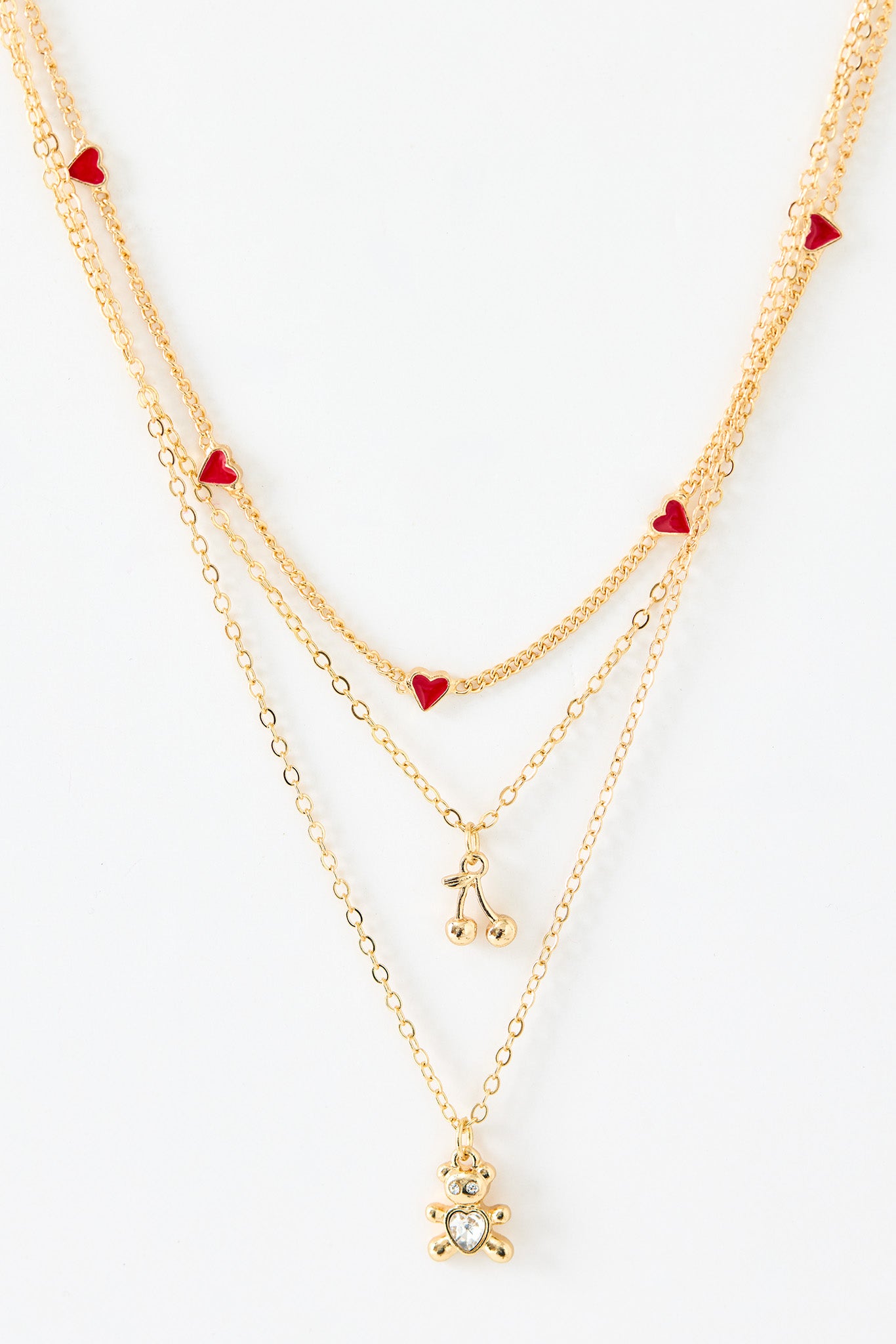 Triple Strand Necklace with Hearts, Cherries and Teddy Bear