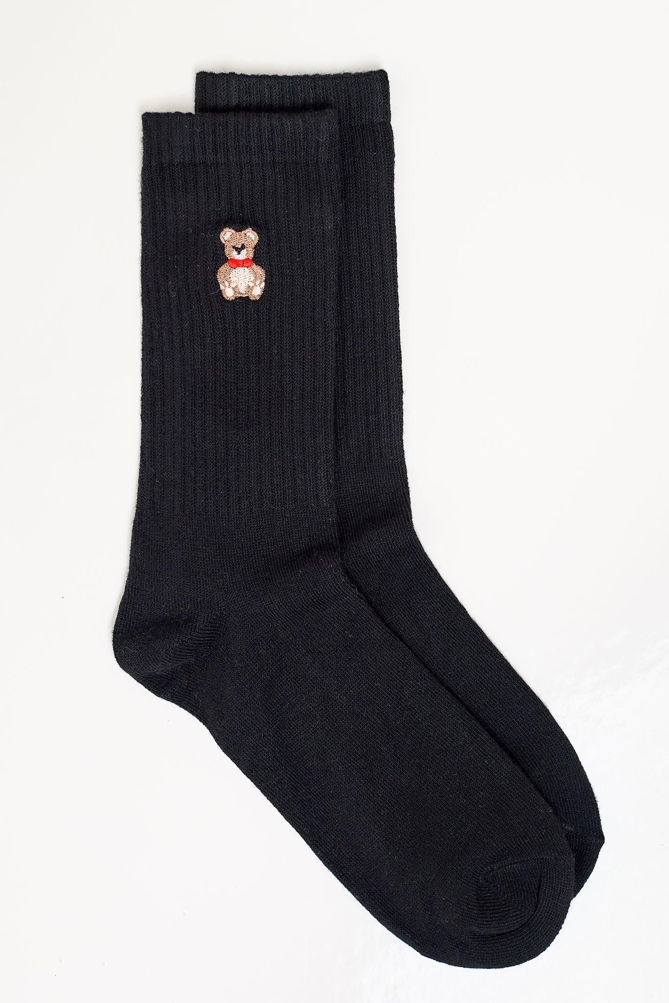 Rib Socks with Teddy Bear Embroidery